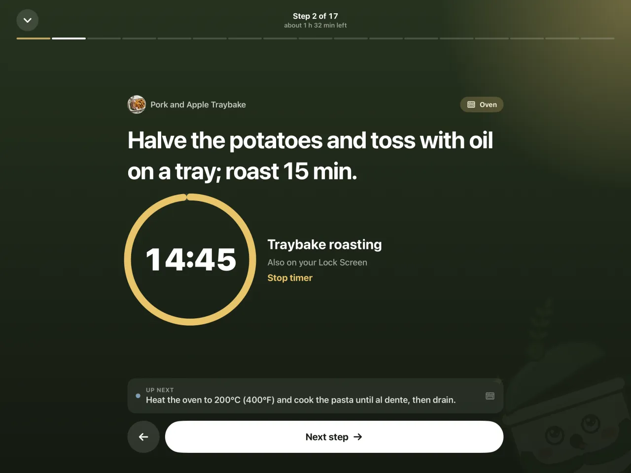 Cook mode on an iPad on its side: step 2, halve the potatoes and roast them, with a 15-minute timer running