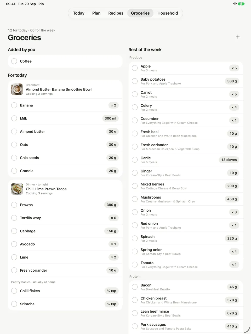 Pip's grocery list on iPad: today's meals on the left, the rest of the week by aisle on the right