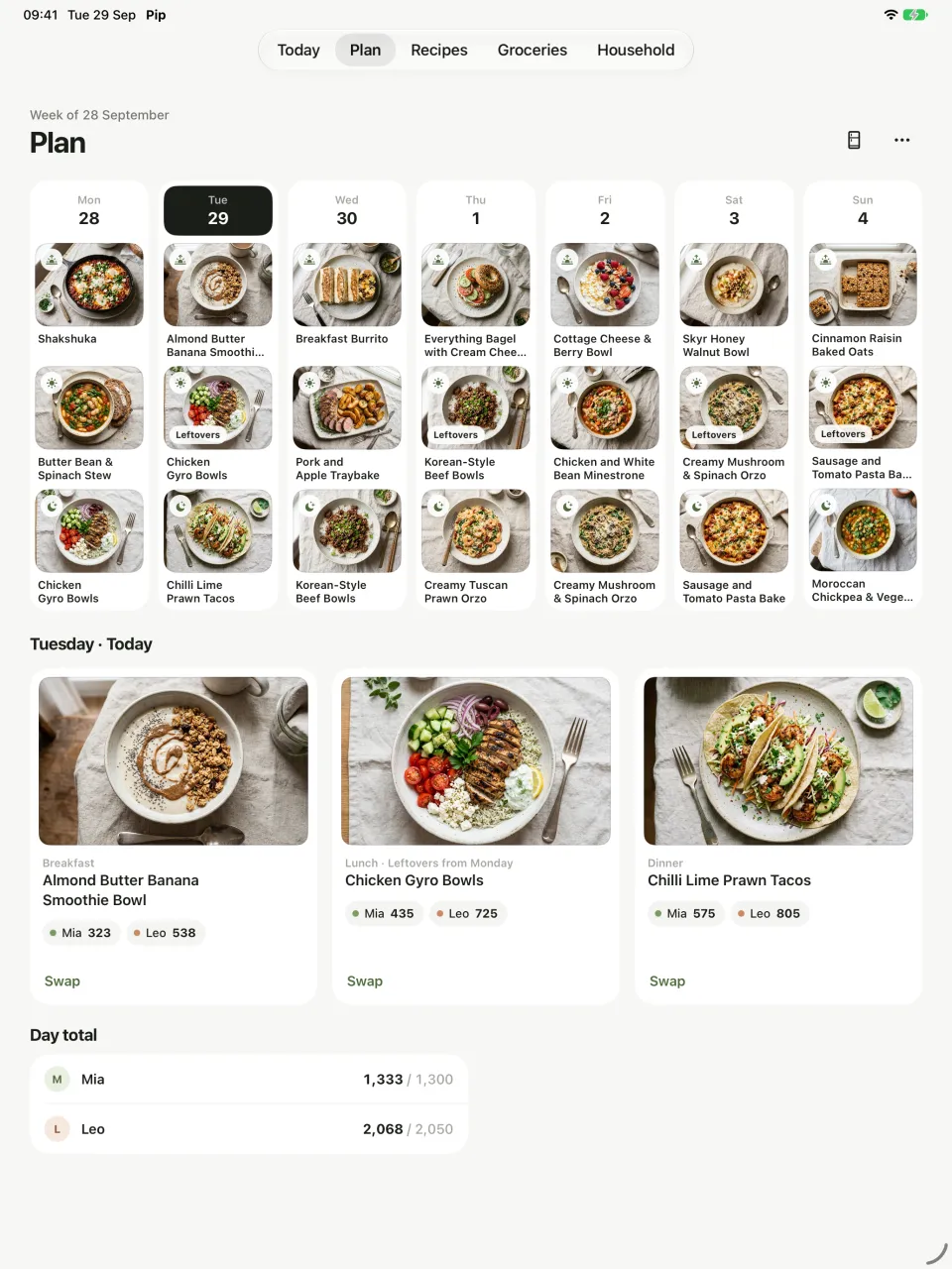 The week in Pip on iPad: every day's breakfast, lunch and dinner on one board, with Tuesday's meals and Mia's and Leo's portions below