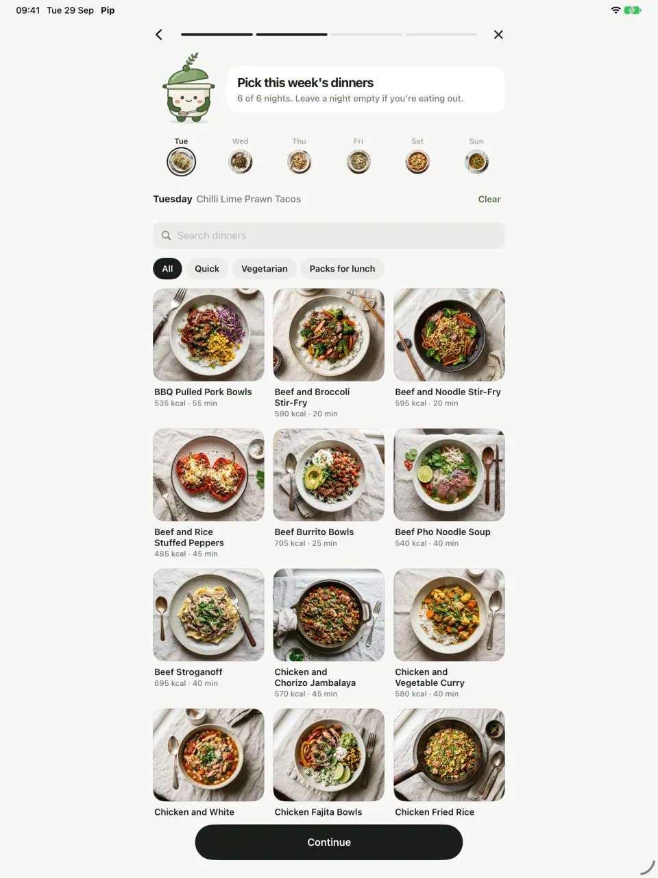 Picking this week's dinners in Pip on iPad, from a grid of recipes