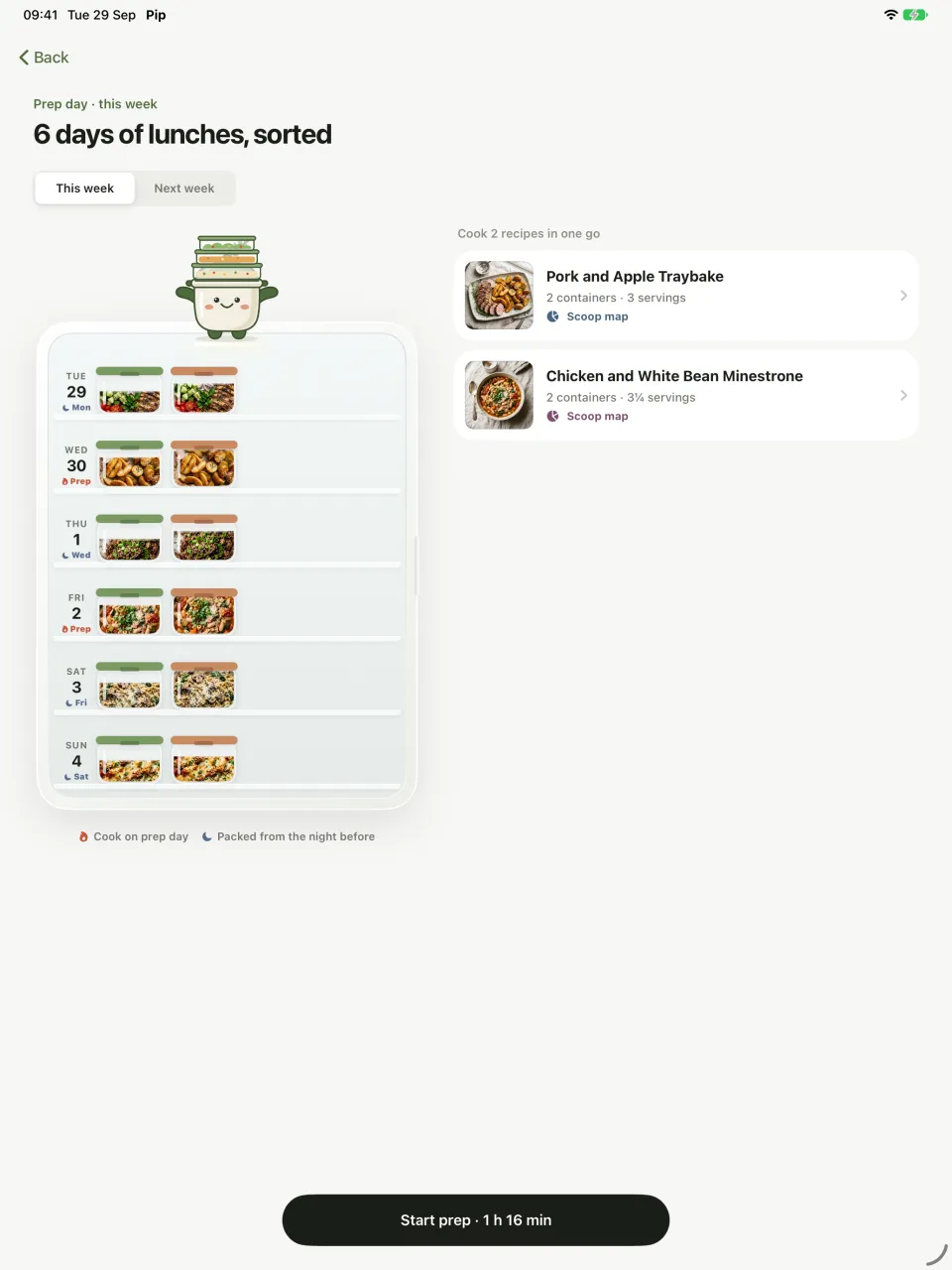 Prep day in Pip on iPad: six days of lunches in the fridge, and the two recipes to cook in one go