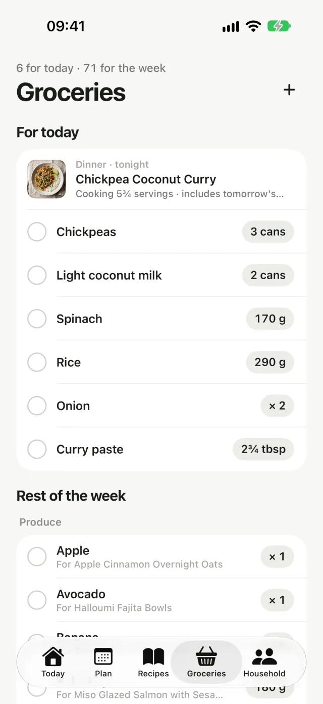 Pip's grocery list on iPhone, with today's dinner first and quantities for the household