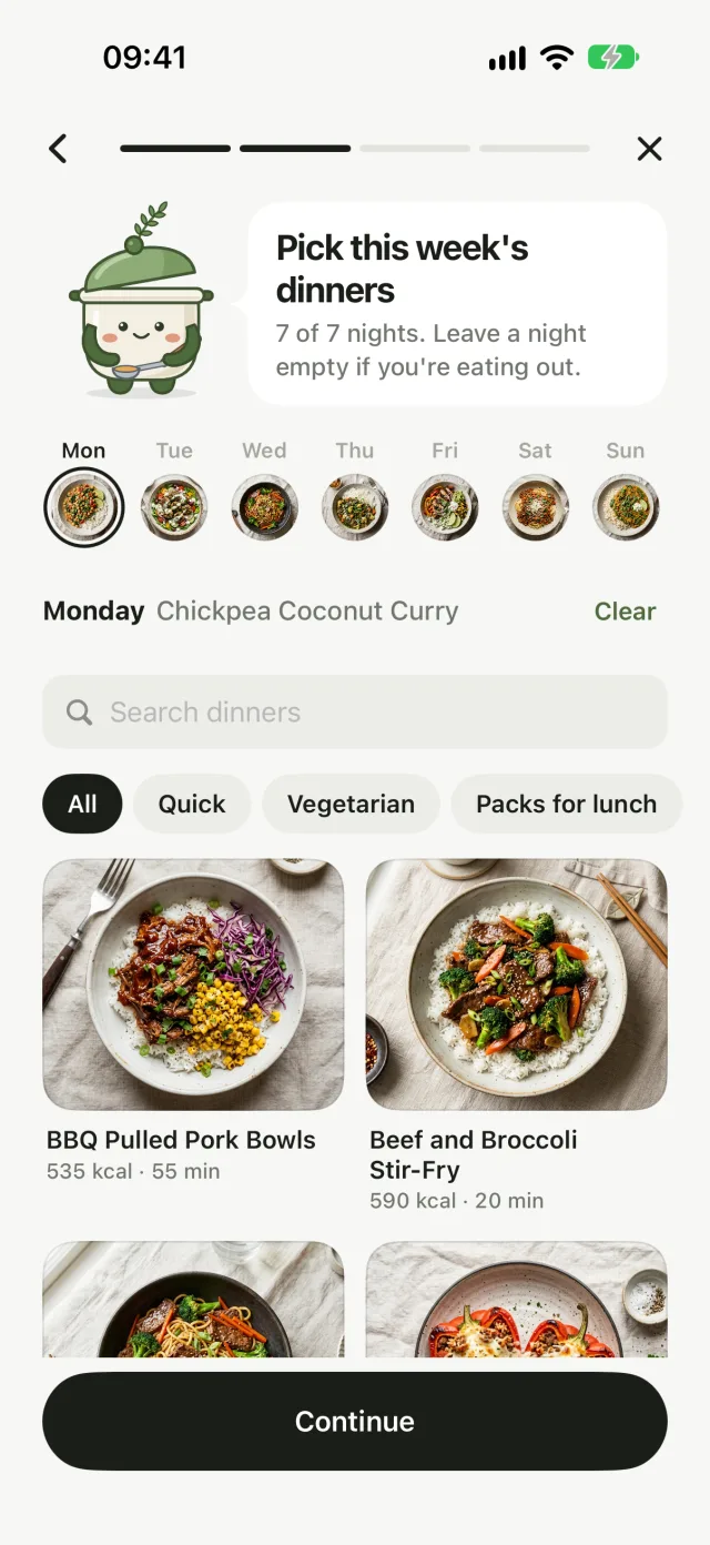 Picking this week's dinners in Pip on iPhone, with Pip helping
